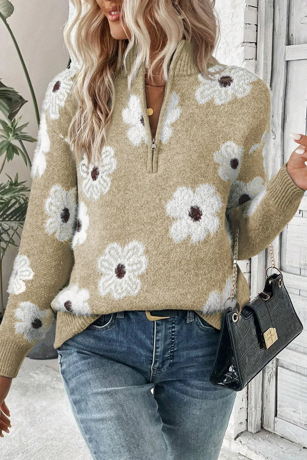 Margaret™| Pull Fleurs avec Design à Demi-Zip